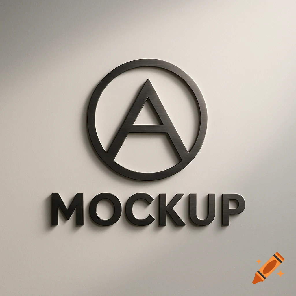 A dark, brushed metal letter 'A' inside a circle, with the word 'MOCKUP' below it, all rendered in 3D on a light background.