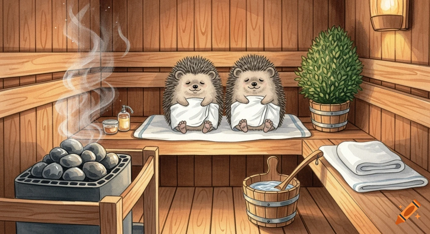 Watercolor illustration of two cute hedgehogs wrapped in white towels, relaxing in a wooden sauna with steam.