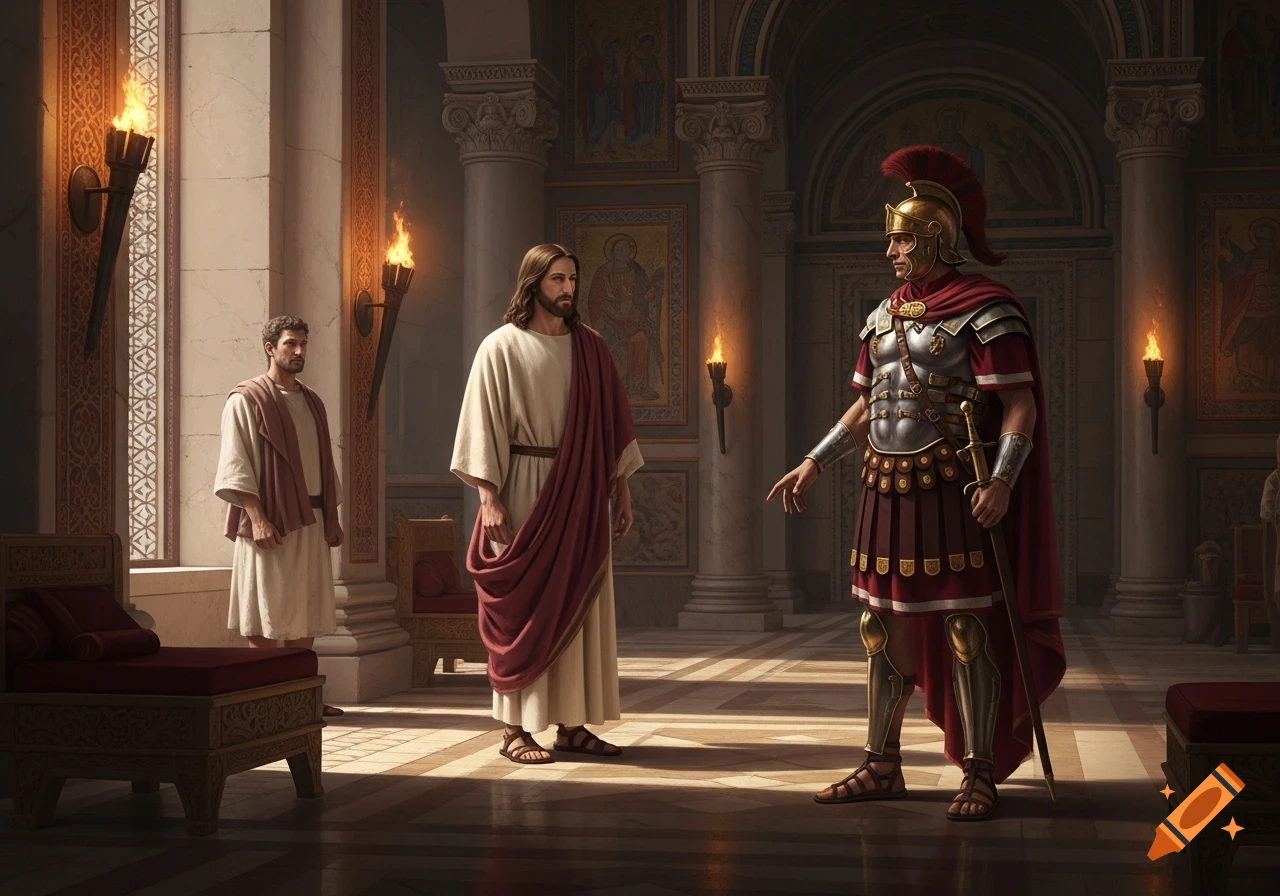 Jesus converses with a Roman centurion in a grand hall, with another man observing nearby.