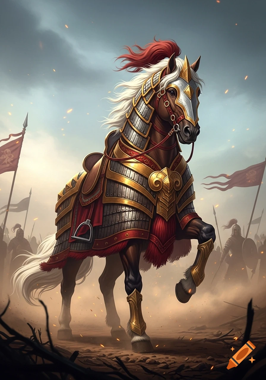 An armored warhorse with a red plume stands on a dusty battlefield with soldiers and flags in the background, digital art.
