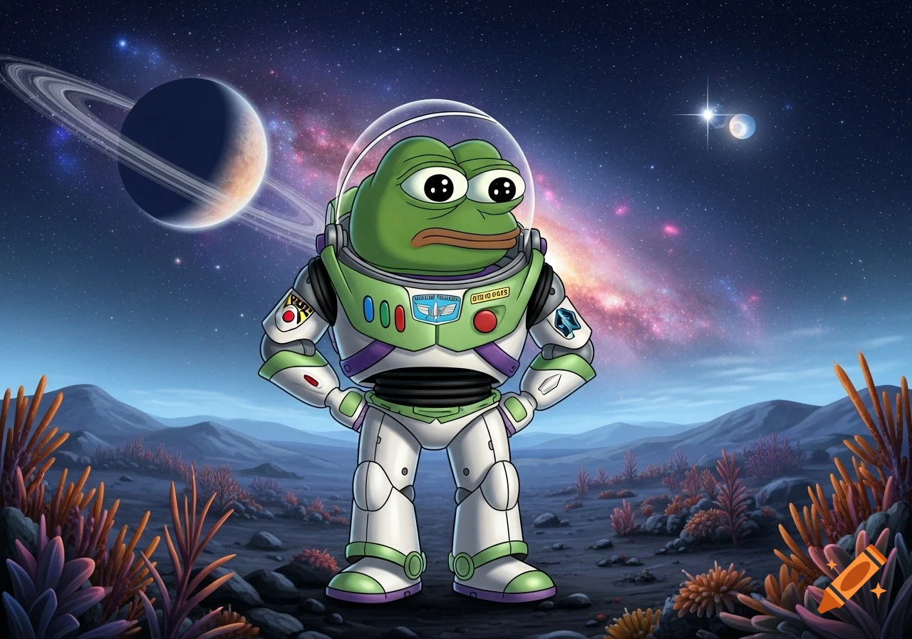 Pepe the frog wearing a Buzz Lightyear spacesuit stands on an alien planet with a ringed planet and stars in the background. Cartoon style.