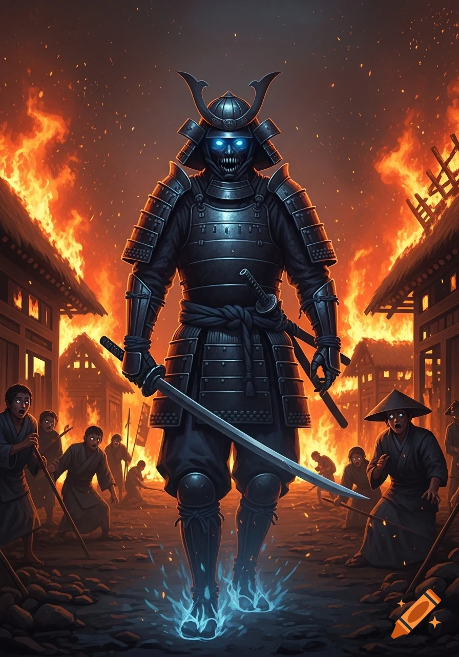 A spectral samurai in dark armor with glowing blue eyes holds a sword, standing in a burning village with terrified villagers.