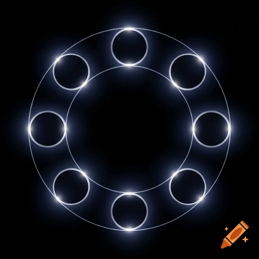 Eight glowing, equally spaced circles within a larger luminous circle on a dark, star-filled background.