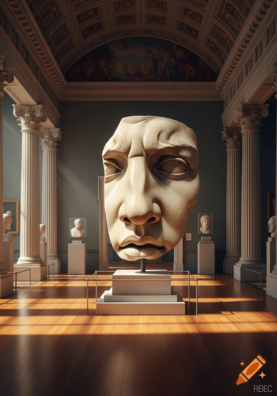 A giant, distorted marble face sculpture in a grand museum hall with classical columns and wooden floors, illuminated by sunlight.