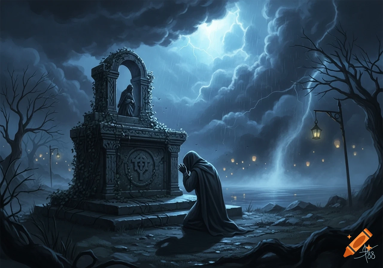 A hooded figure kneels before a gothic stone monument under a stormy, lightning-filled sky in a dark fantasy art style.