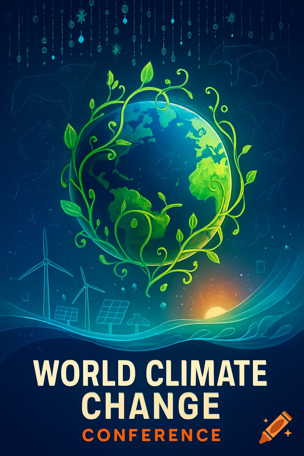Digital illustration for a World Climate Change Conference poster featuring Earth, green vines, wind turbines, and solar panels.