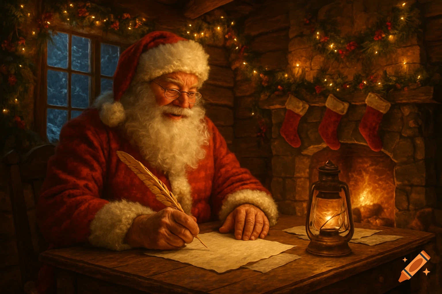 Santa Claus in a red suit and white beard writing with a quill at a wooden desk, illuminated by a lantern, beside a festive fireplace with stockings.