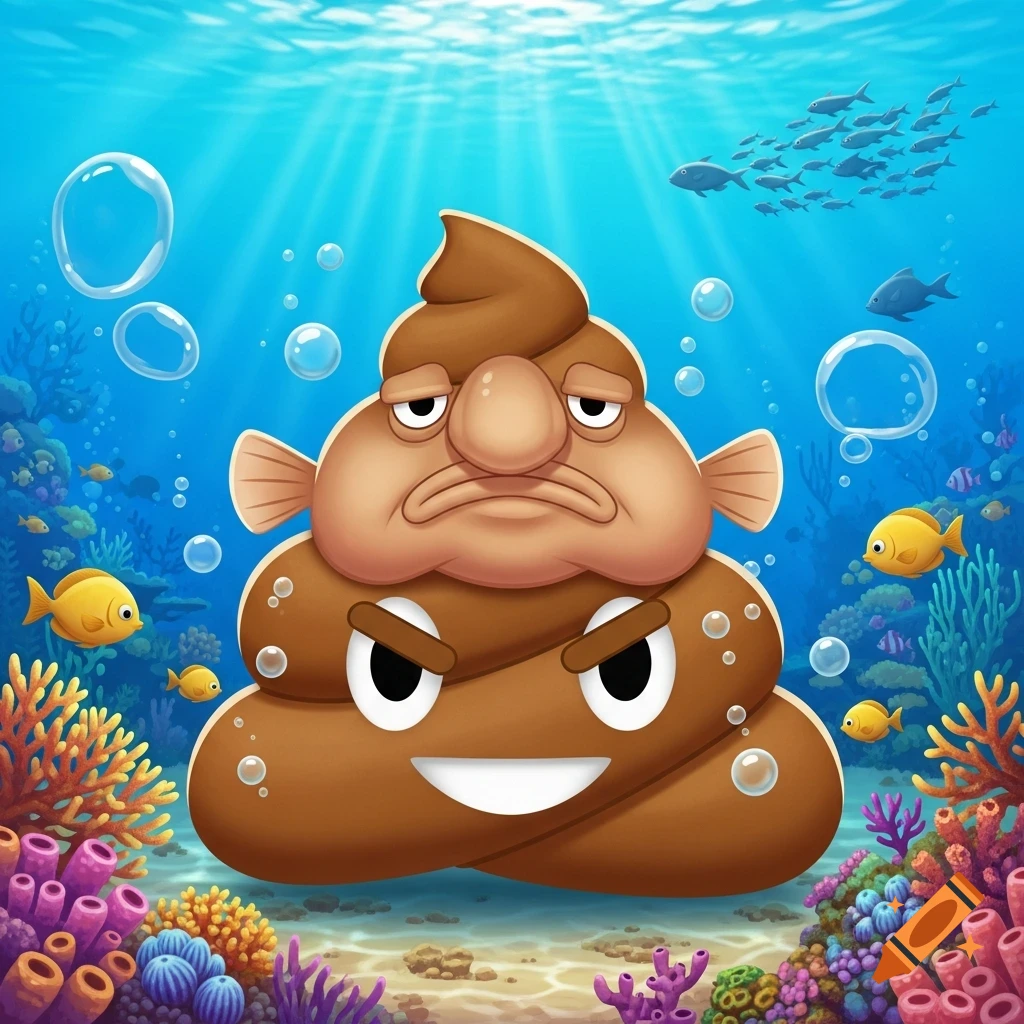 A cartoon image of a grumpy blobfish head on a smiling poop emoji body, sitting on the ocean floor amidst colorful coral and small fish.