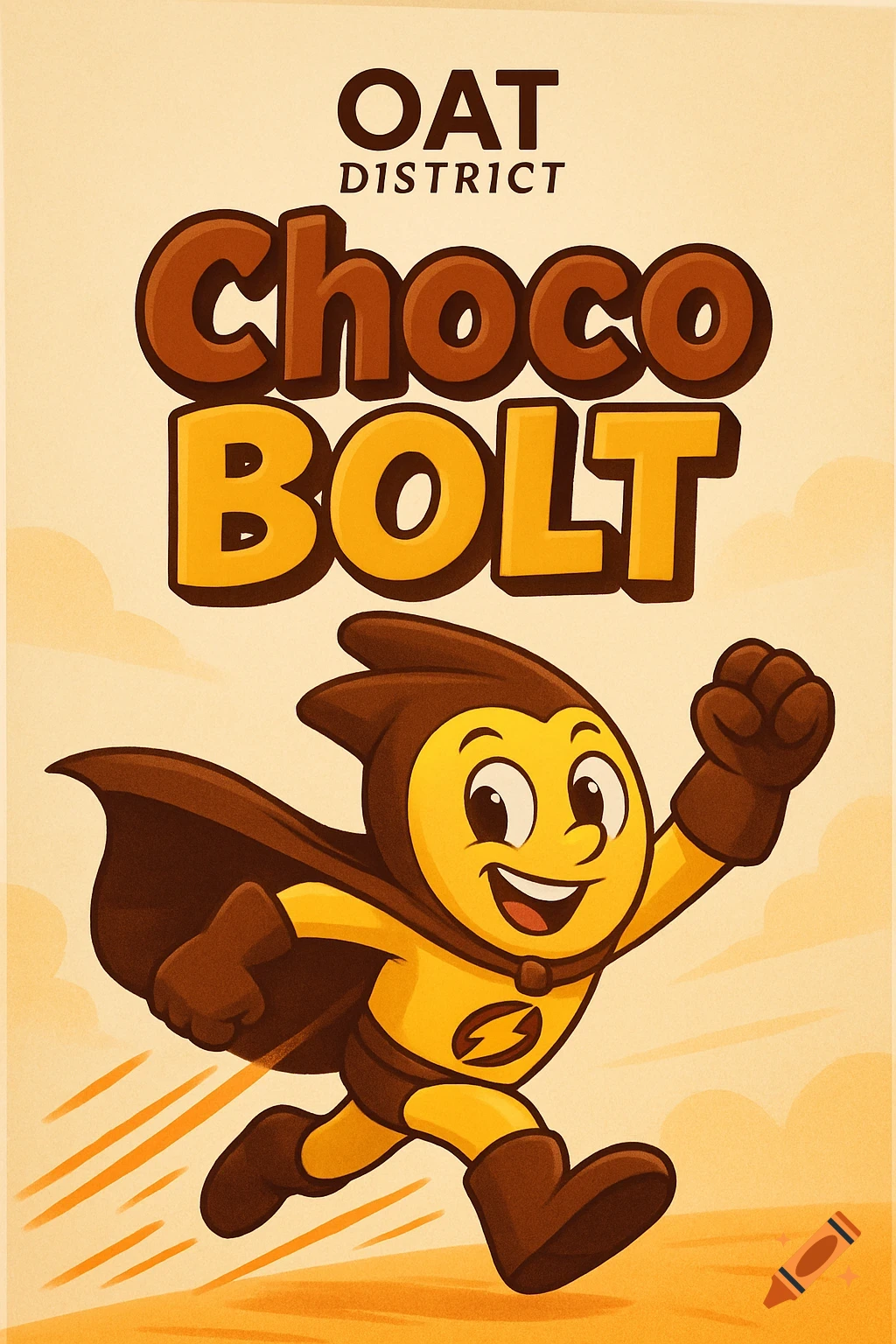 Cartoon superhero Choco Bolt in a brown cape and yellow suit with a lightning bolt, running with a smile, against a beige background with 'OAT DISTRICT Choco BOLT' text.
