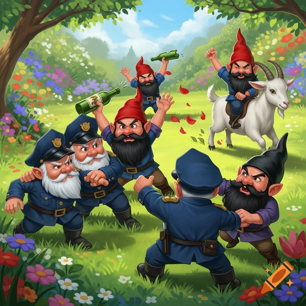 Cartoon illustration of police gnomes scuffling with other gnomes in a flowery garden. One gnome rides a goat, others hold bottles.