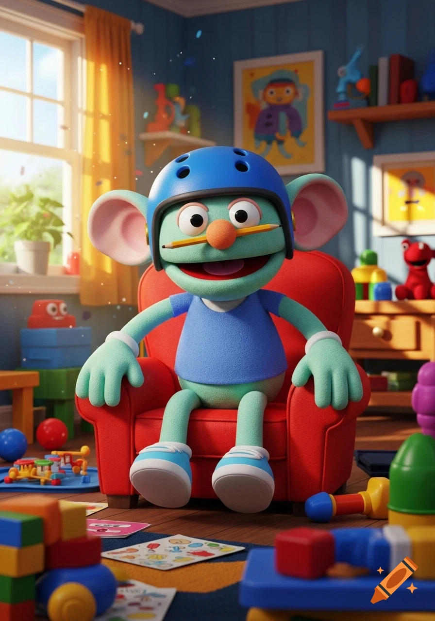 A green puppet with large ears and a blue helmet sits in a red armchair, holding a pencil under its nose, in a brightly lit room filled with toys.