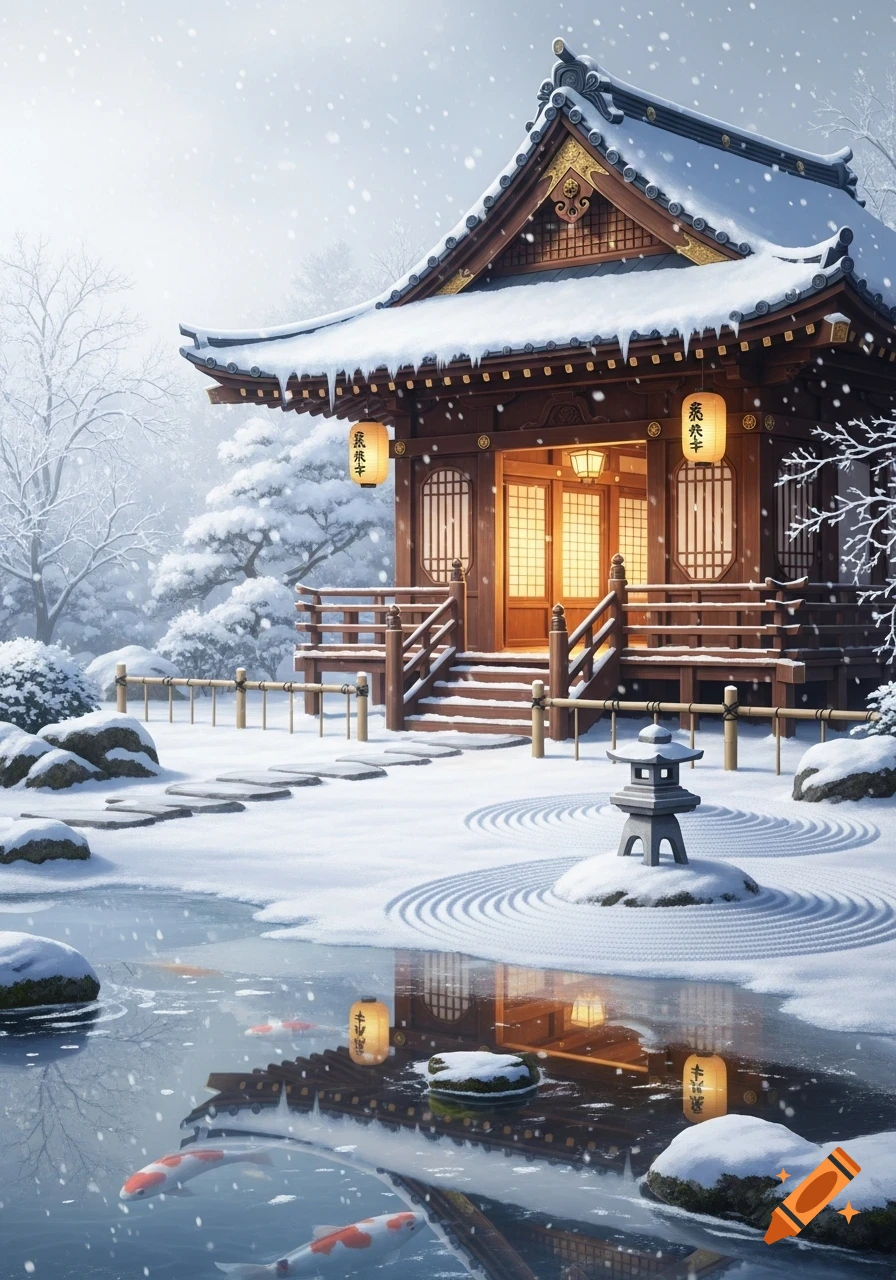 A serene Japanese temple covered in snow, with glowing lanterns and koi fish swimming in a partially frozen pond.