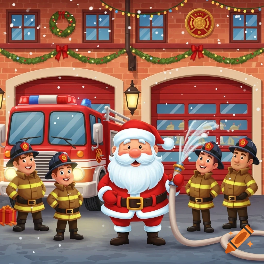A cartoon Santa Claus holds a hose with small firefighters outside a festive Christmas fire station.