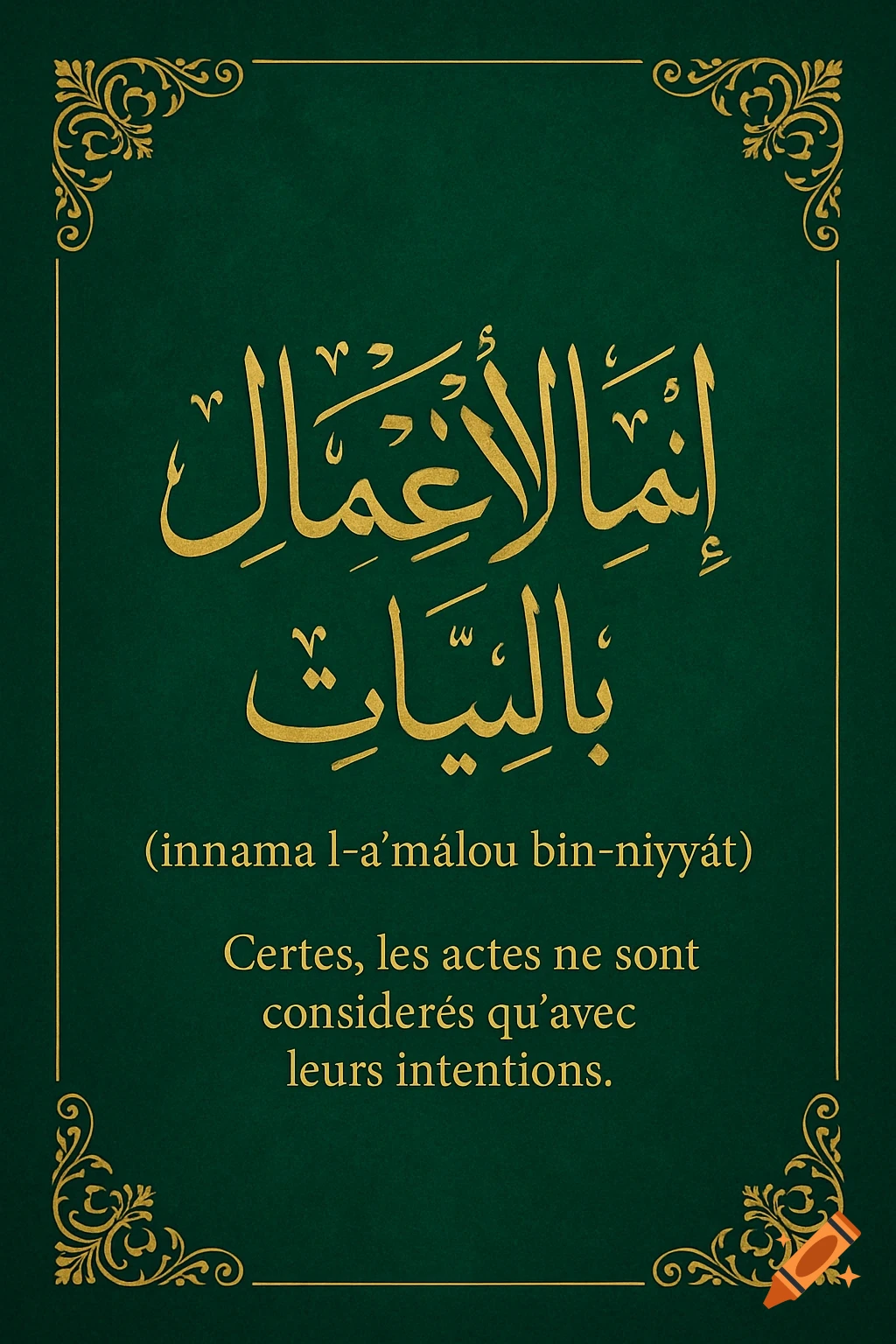 Gold Arabic calligraphy on a deep emerald green background with decorative gold borders, accompanied by Latin transliteration and French translation.