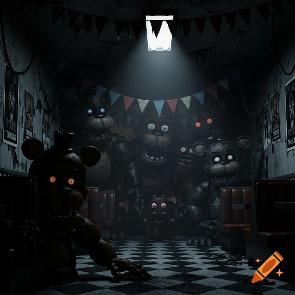 Multiple menacing animatronic Freddy Fazbear characters with glowing eyes loom in a dark, eerie room from Five Nights at Freddy's.