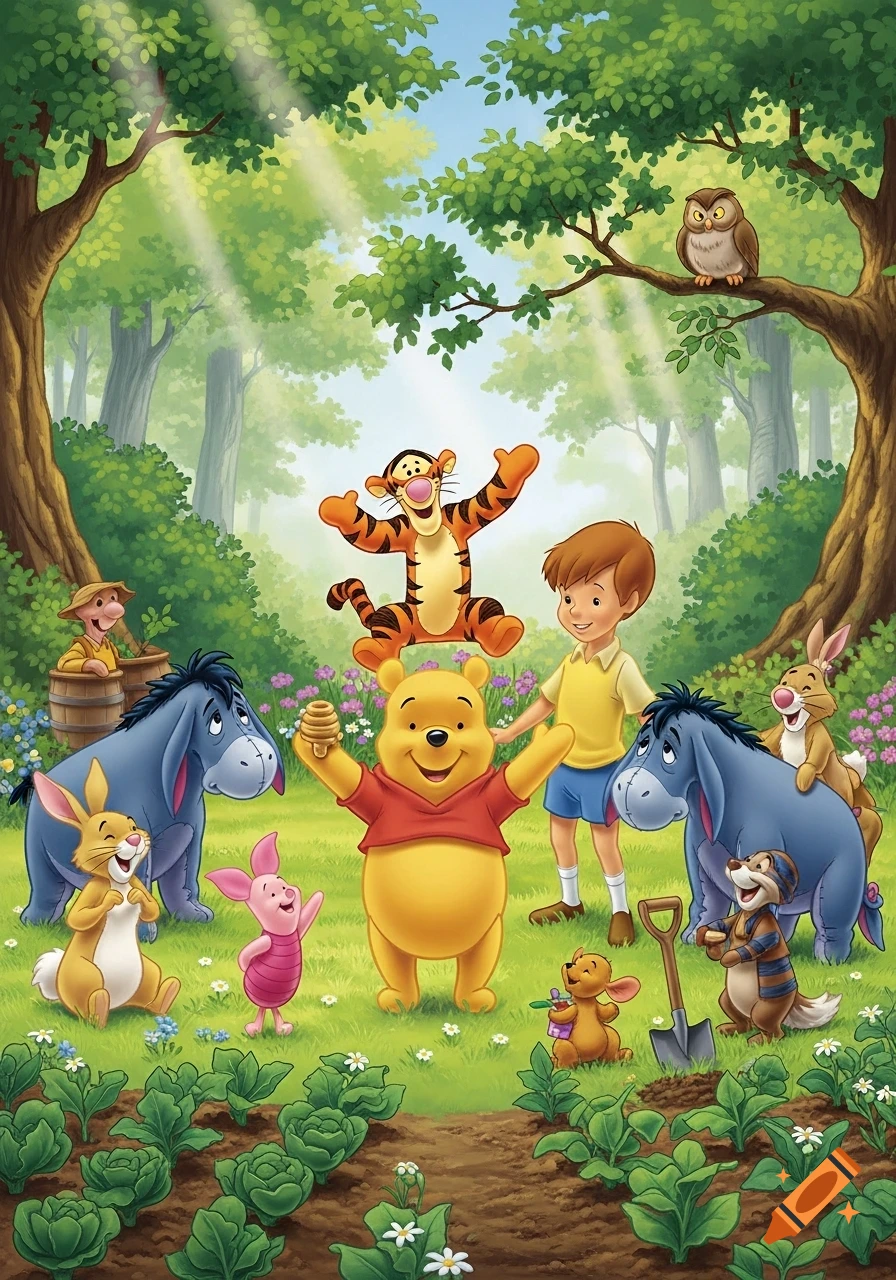 Winnie the Pooh and friends, including Piglet, Tigger, Eeyore, Christopher Robin, Rabbit, Owl, Roo, and Gopher, are happily gathered in a sunny forest clearing with a garden.