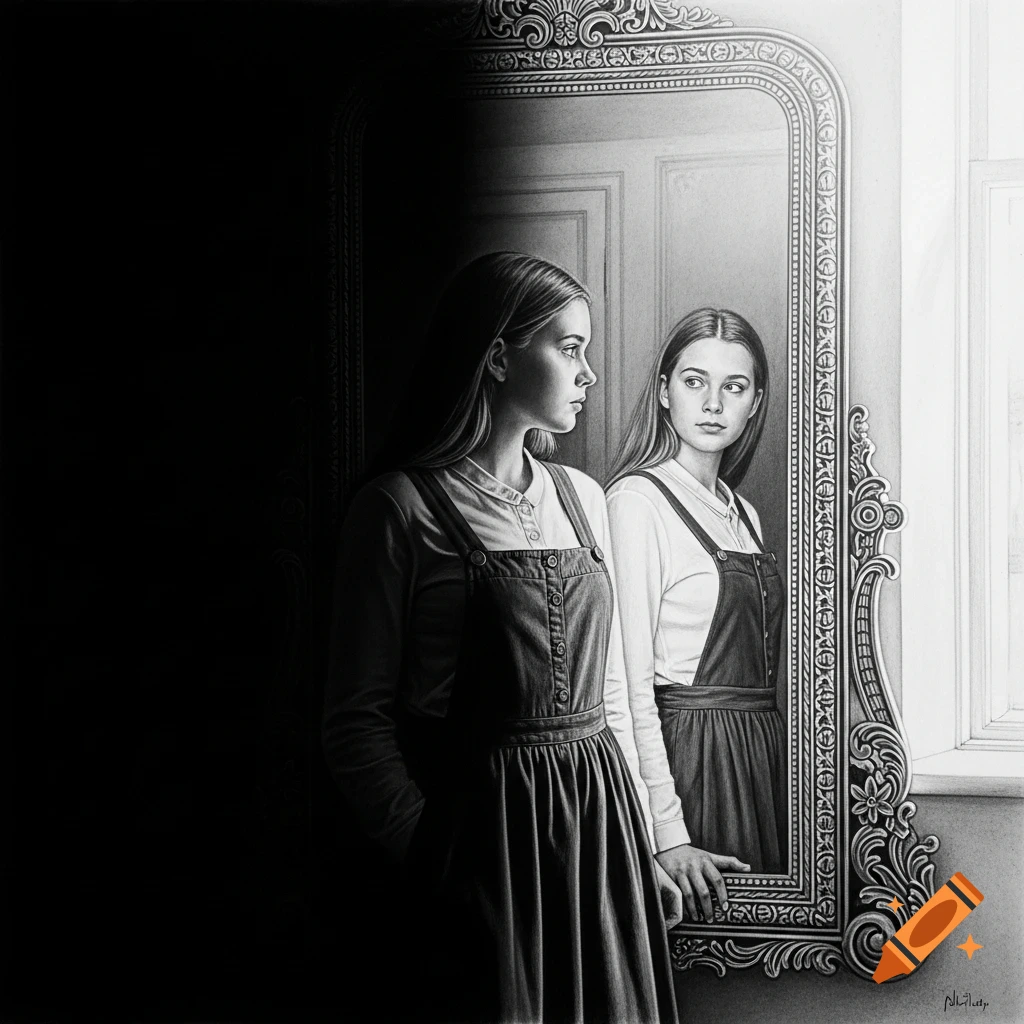 Black and white drawing of a young woman in overalls looking into an ornate mirror, split between light and shadow.