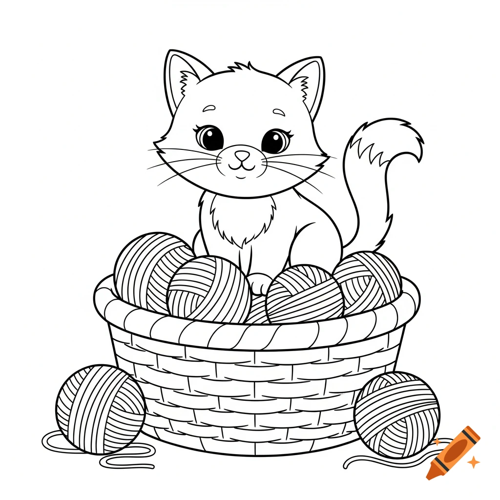Black and white line art coloring page of a cute kitten sitting in a basket full of yarn balls, with two yarn balls outside.