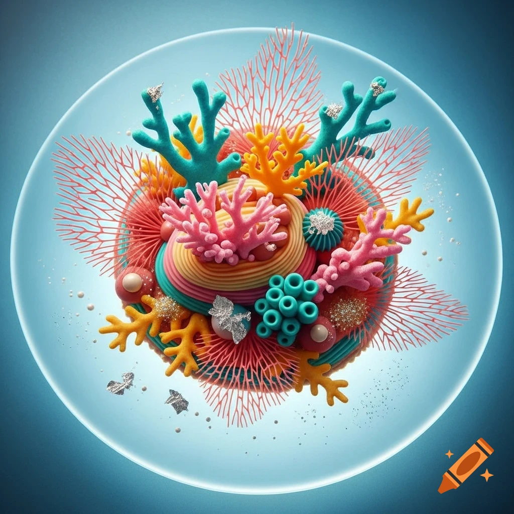 Colorful dessert shaped like marine coral with various vibrant elements on a light blue dish.