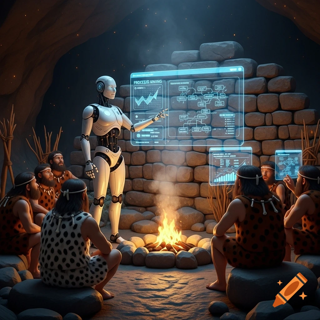 A white robot presents data on glowing holographic screens to a group of cavemen gathered around a campfire in a cave.