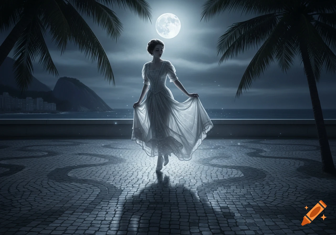 A Victorian ghost woman in a white dress walks on a patterned promenade under a full moon, with palm trees and a coastal city.