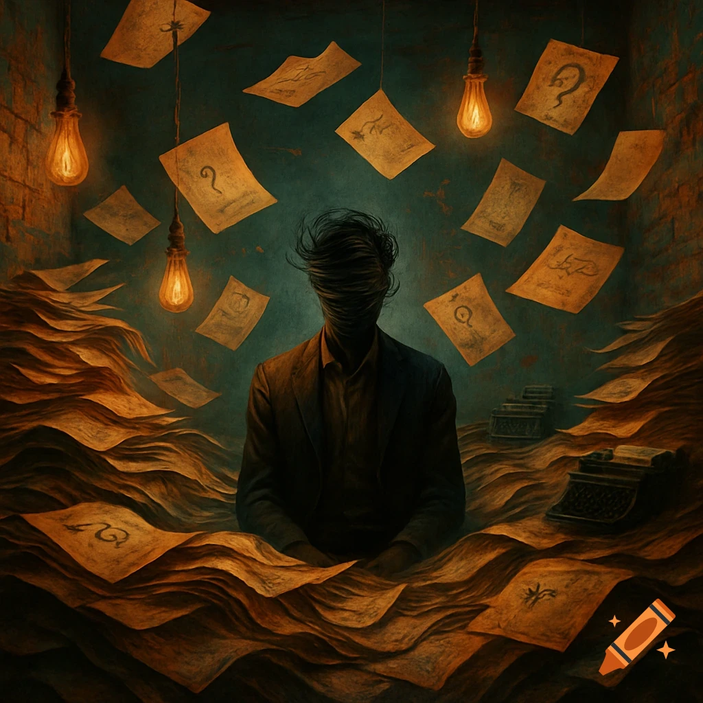 A dark, surreal image of a person with an obscured face, surrounded by a flood of old, crumpled papers with question marks and scribbles, under dim lightbulbs. A vintage typewriter is partly visible in the paper waves.