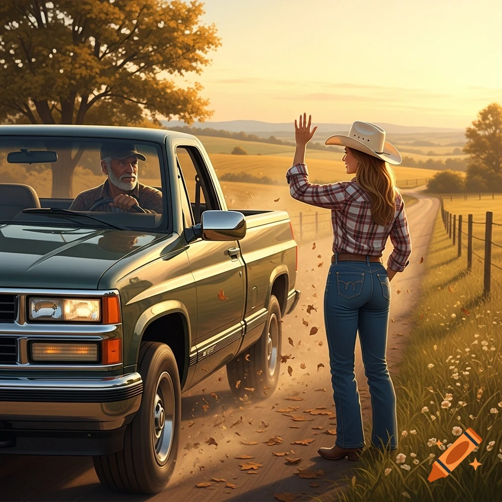 A man in a green pickup truck looks back at a woman in a cowboy hat and plaid shirt waving goodbye on a rural dirt road at sunset.