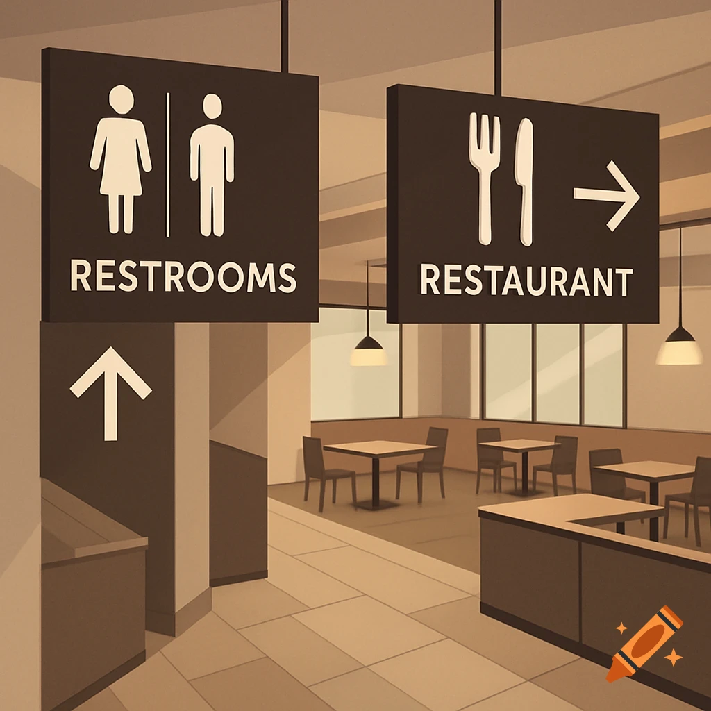 Illustration of restroom and restaurant signs hanging in a modern building interior with tables and chairs.