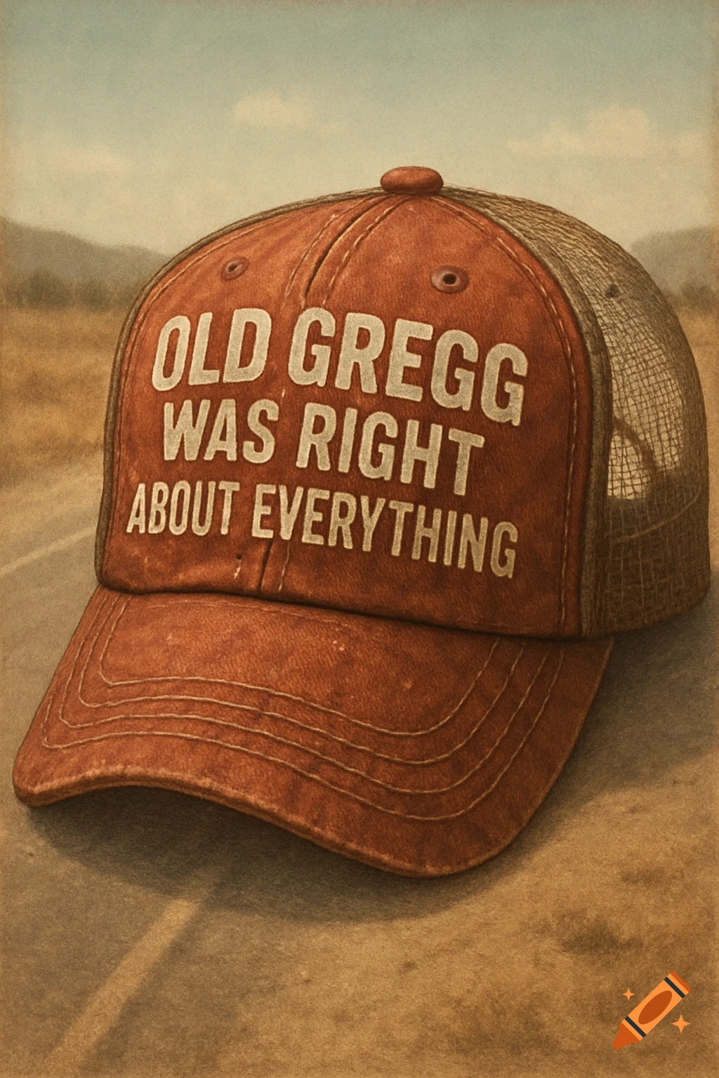 A rustic red trucker hat with white text "OLD GREGG WAS RIGHT ABOUT EVERYTHING" sits on an asphalt road in a desert landscape.