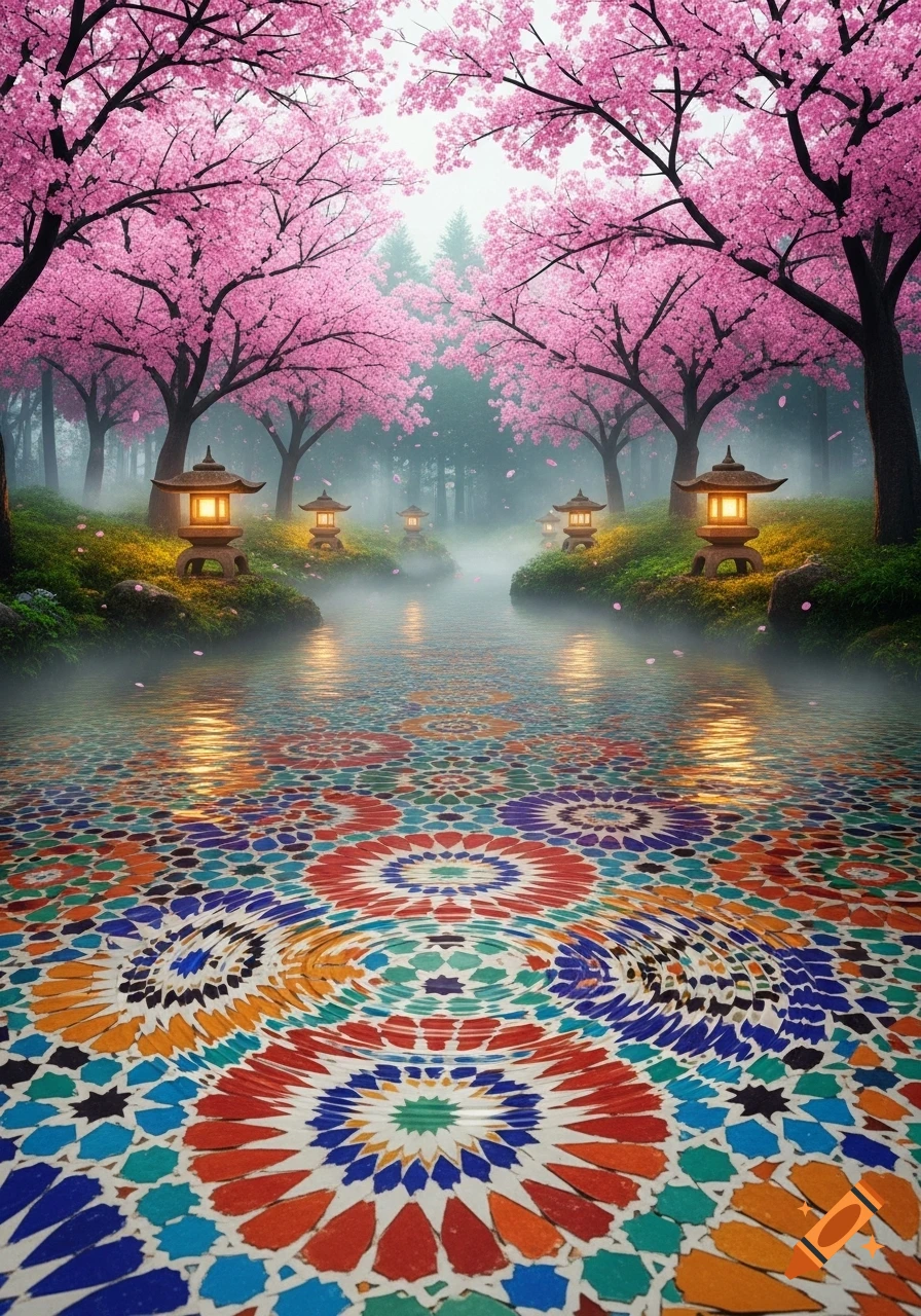 A vibrant path with cherry blossom trees and lanterns lining a misty river, whose surface is covered in colorful Moroccan tile patterns.