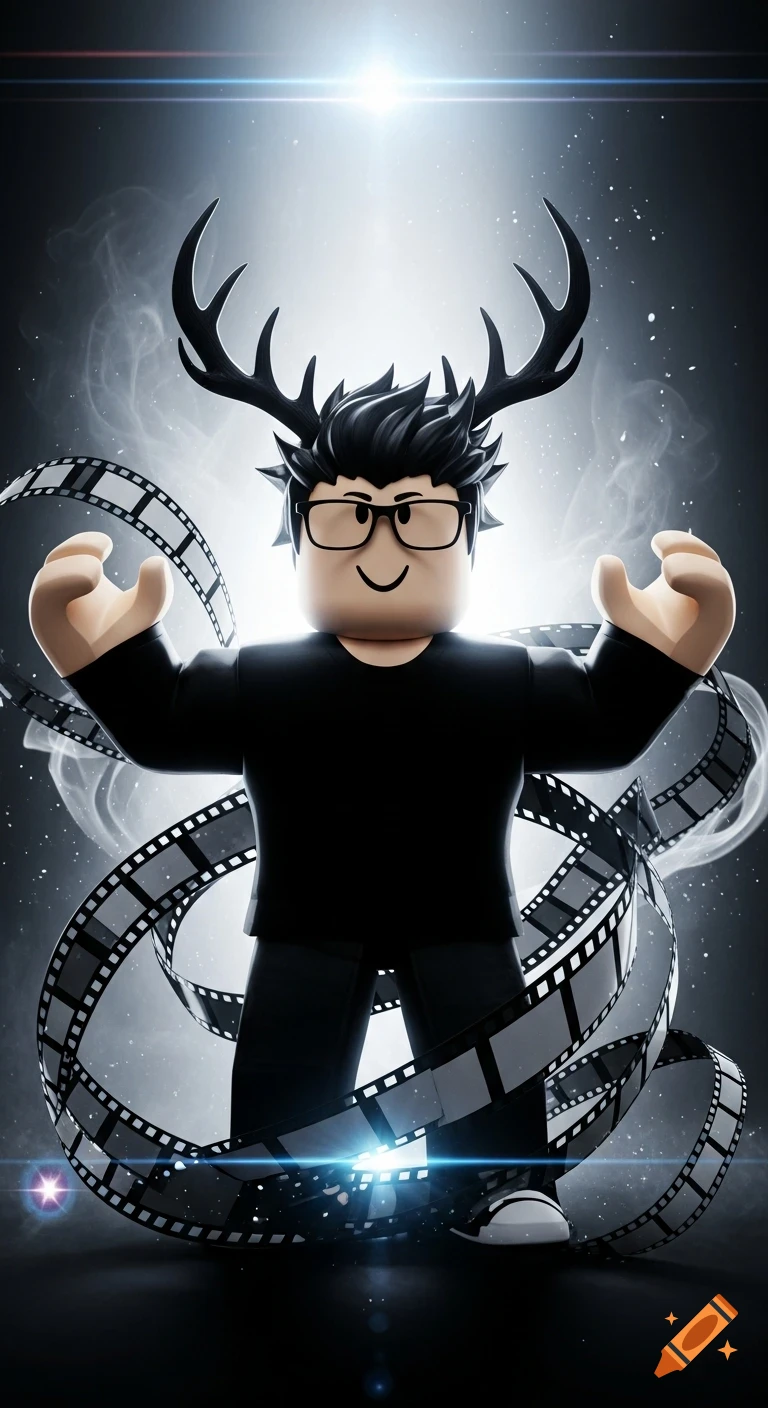 A Roblox avatar with black antlers, square glasses, and a black shirt stands dramatically, surrounded by swirling film strips and bright light.