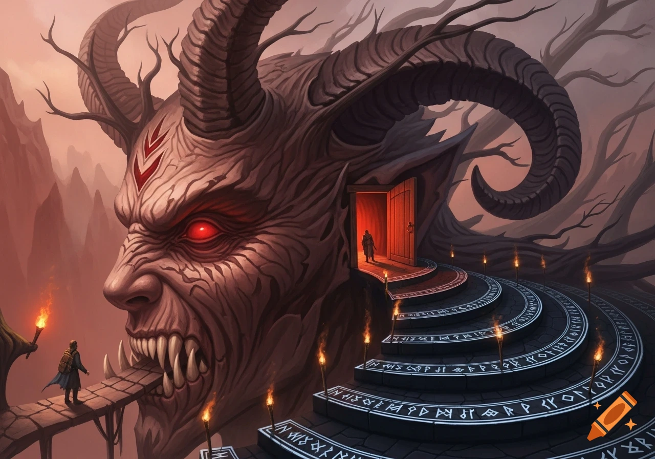 A small figure approaches the fanged mouth of a gigantic, horned demon head. A winding staircase with runes leads to a glowing door on the demon's cheek. Dark fantasy art.