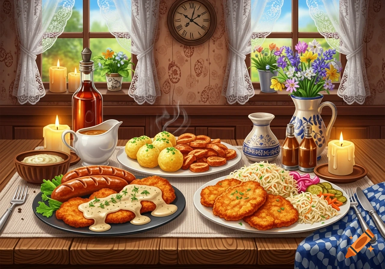 A rustic table set with various traditional German and Austrian dishes including schnitzel, sausages, dumplings, and coleslaw, with candles and flowers by a window.