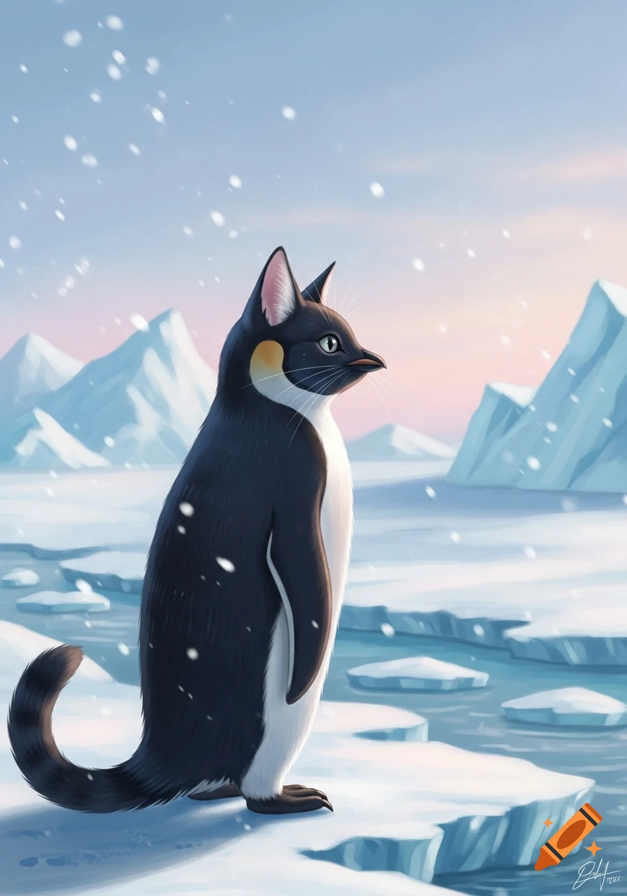 A cat-penguin hybrid stands on an ice floe in a snowy arctic landscape with mountains under a light blue sky.