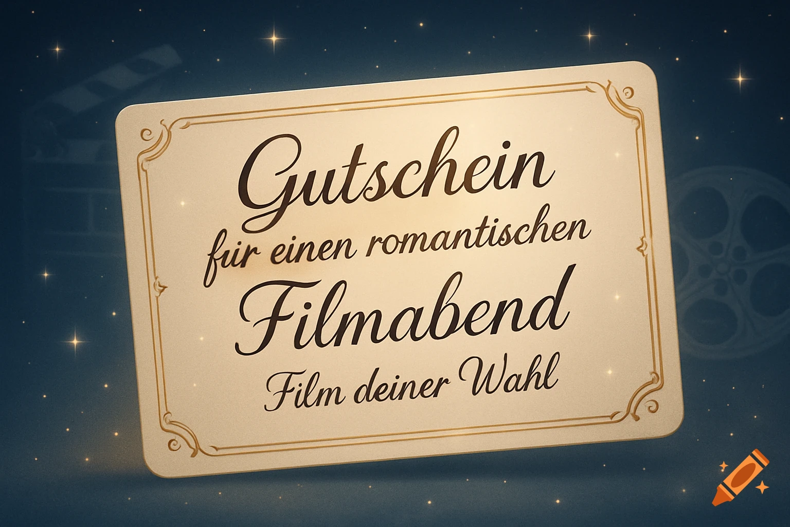 A vintage-style gift voucher for a romantic movie night with German text, on a starry blue background with film-related silhouettes.