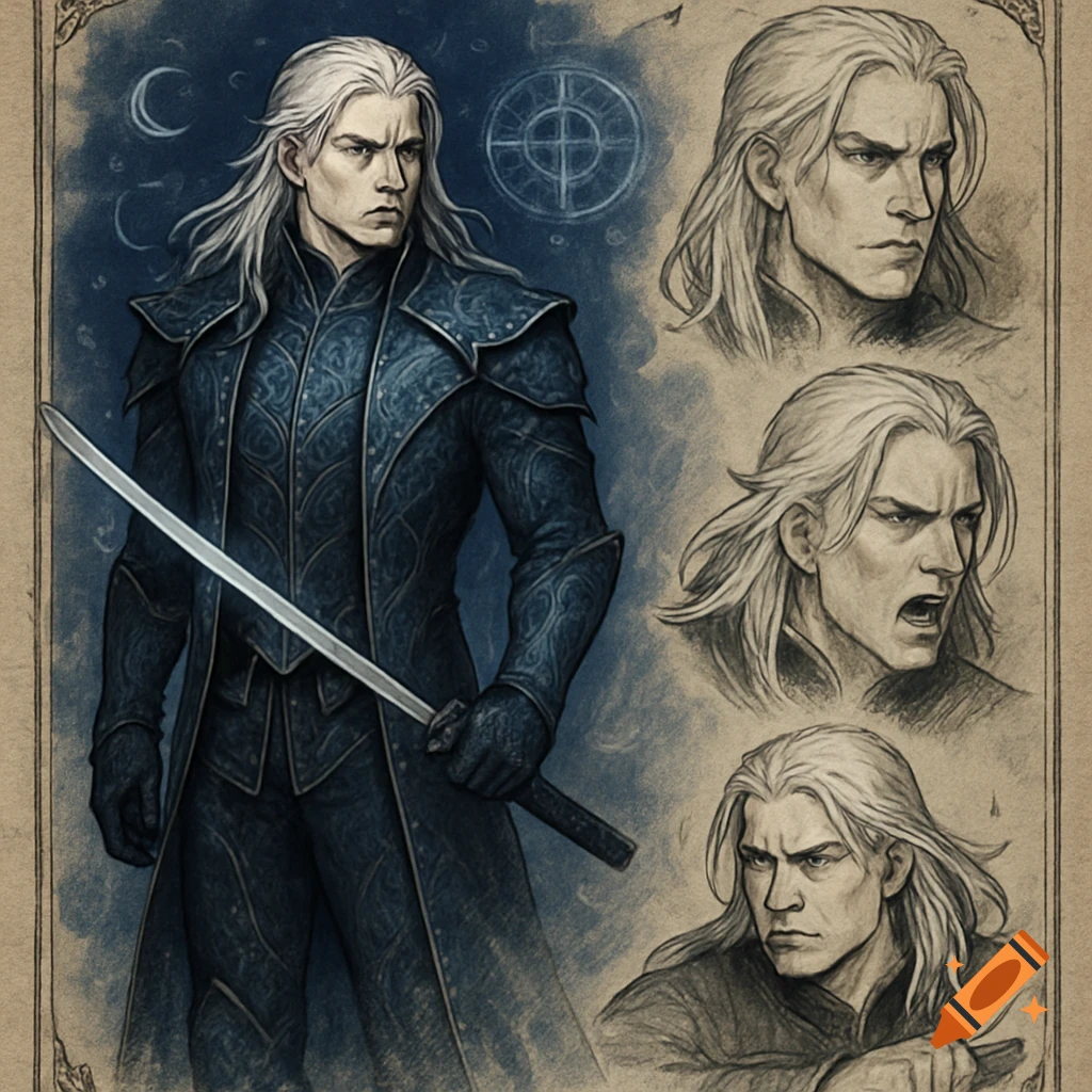 D&D style character reference sheet of a male fantasy character with long white hair, blue armor, holding a sword, with multiple head studies.