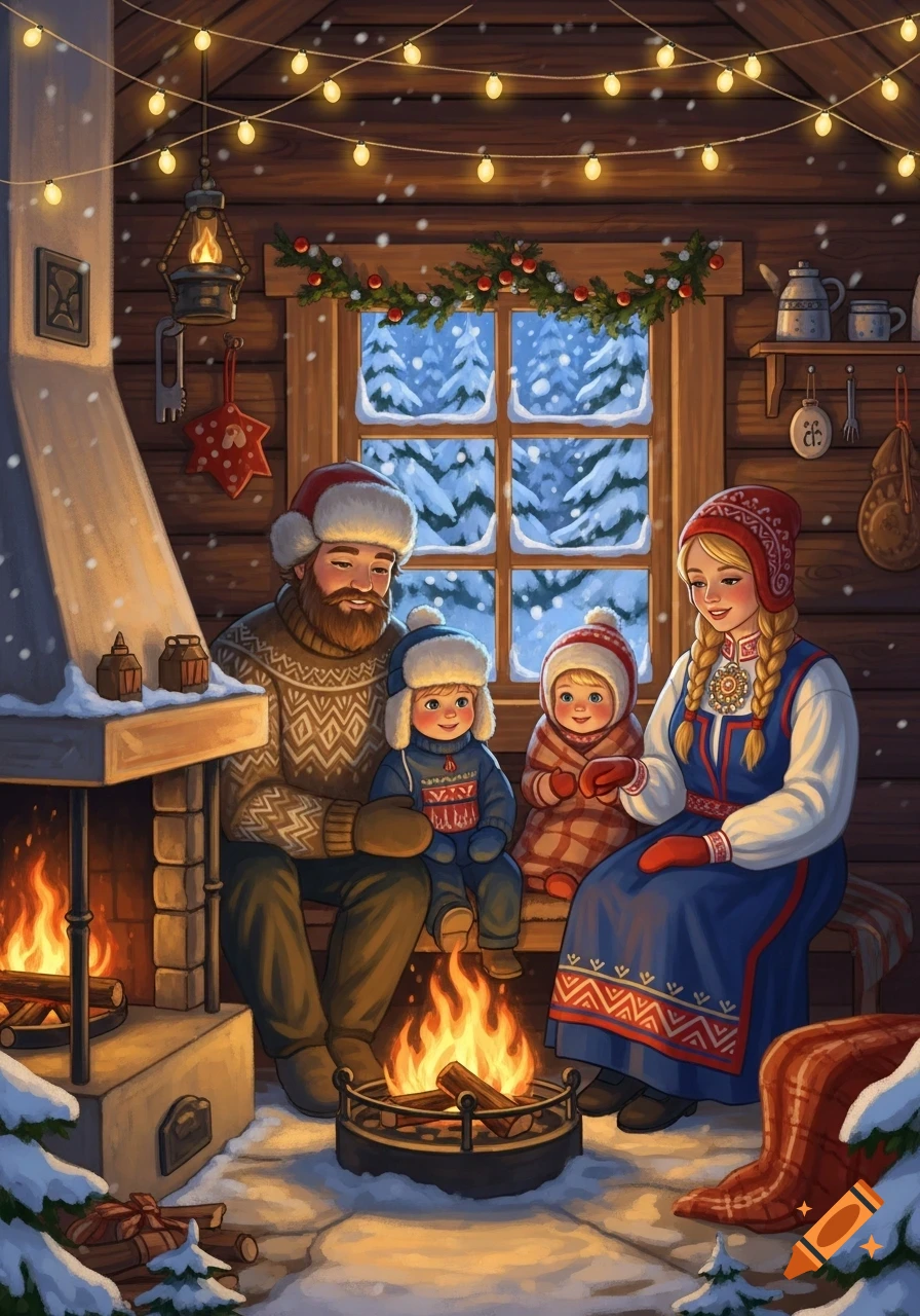 A stylized illustration of a Finnish family inside a cozy log cabin, warming by two fires, looking out a window at a snowy forest.