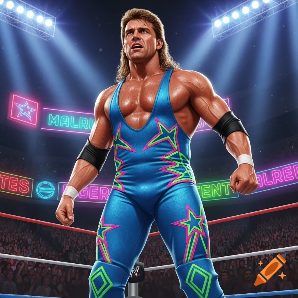 Muscular male pro wrestler in a blue and neon singlet with stars, standing in a brightly lit ring.