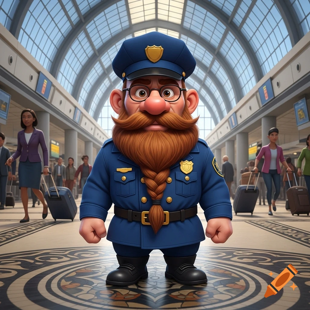 A cartoon dwarf security guard with a braided beard, blue uniform, and cap stands in a busy airport terminal in a 3D animated style.