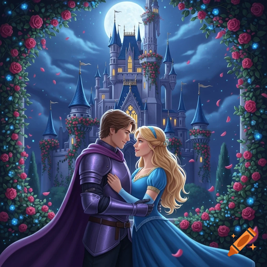 A prince in purple armor and a blonde princess in blue embrace before a grand castle, under a full moon, surrounded by red roses.