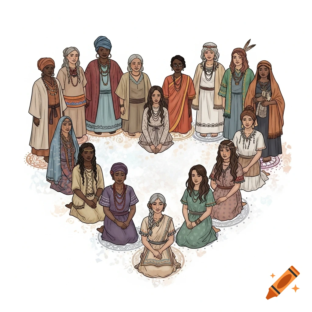 An illustration of a heart-shaped group of diverse women from different cultures and ages, wearing traditional clothing.