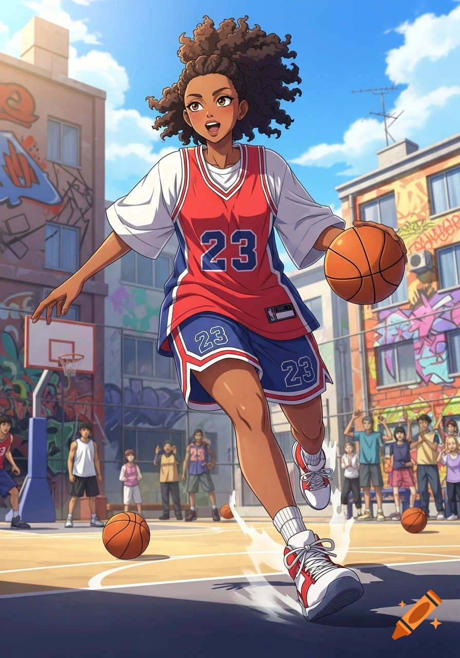 Anime African American girl in a red and blue basketball jersey dribbling on an outdoor court with spectators and graffiti buildings.