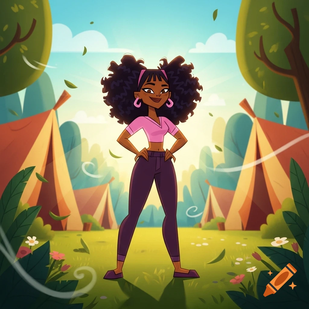 A confident cartoon woman with curly dark hair, wearing a pink top and purple pants, stands in a sunny campsite with tents and trees.