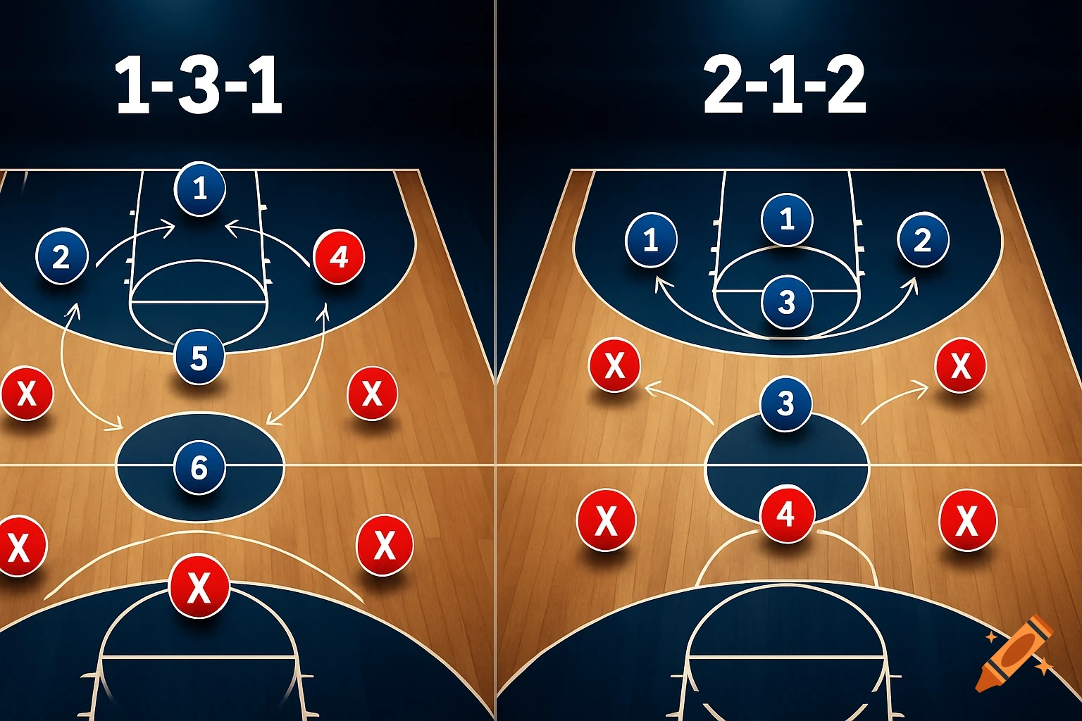 Two basketball diagrams showing 1-3-1 and 2-1-2 zone defenses with player positions and movement arrows.