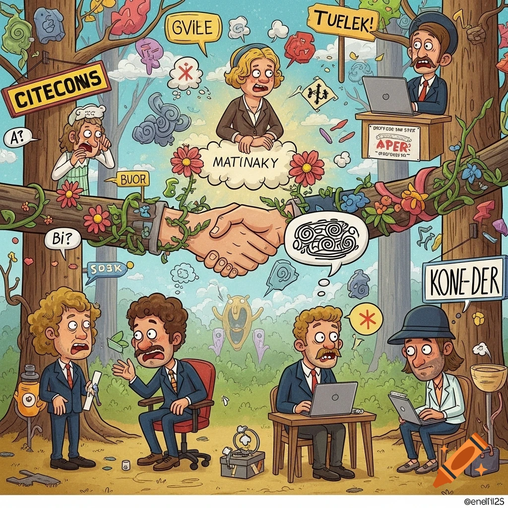 A cartoon illustration of confused people in a forest, with a handshake at the center. Speech bubbles and signs contain nonsensical text.