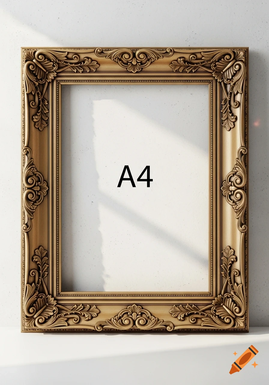 An ornate, vintage golden frame with 'A4' text inside, leaning against a white wall with sun shadows, photorealistic.