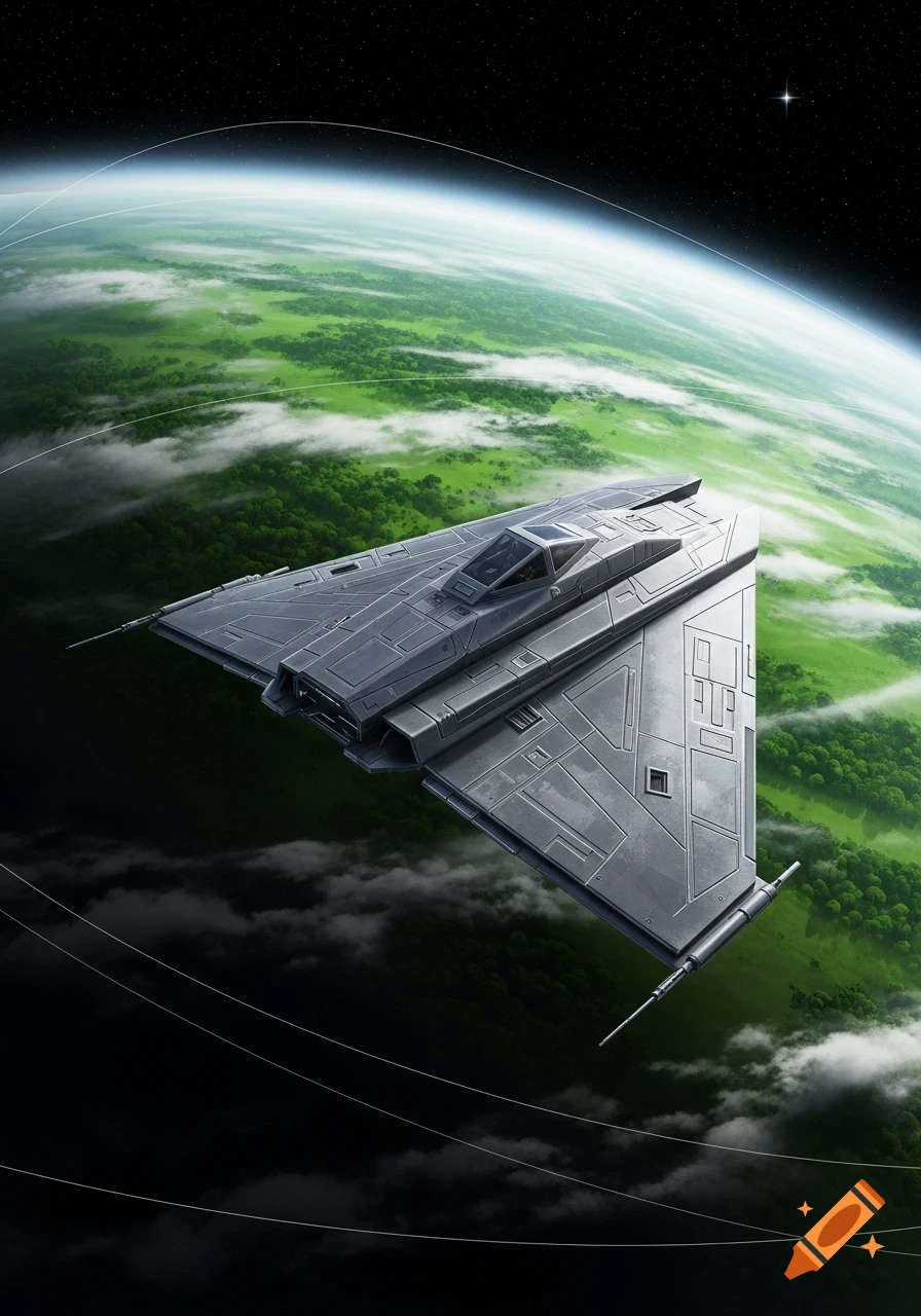 A detailed triangular-shaped starfighter flying above a lush green planet with a starry black sky.