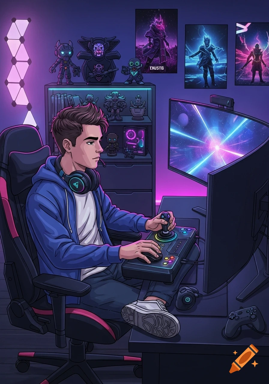 A cartoon-style young man in headphones plays video games with a joystick in a neon-lit room adorned with gaming collectibles.