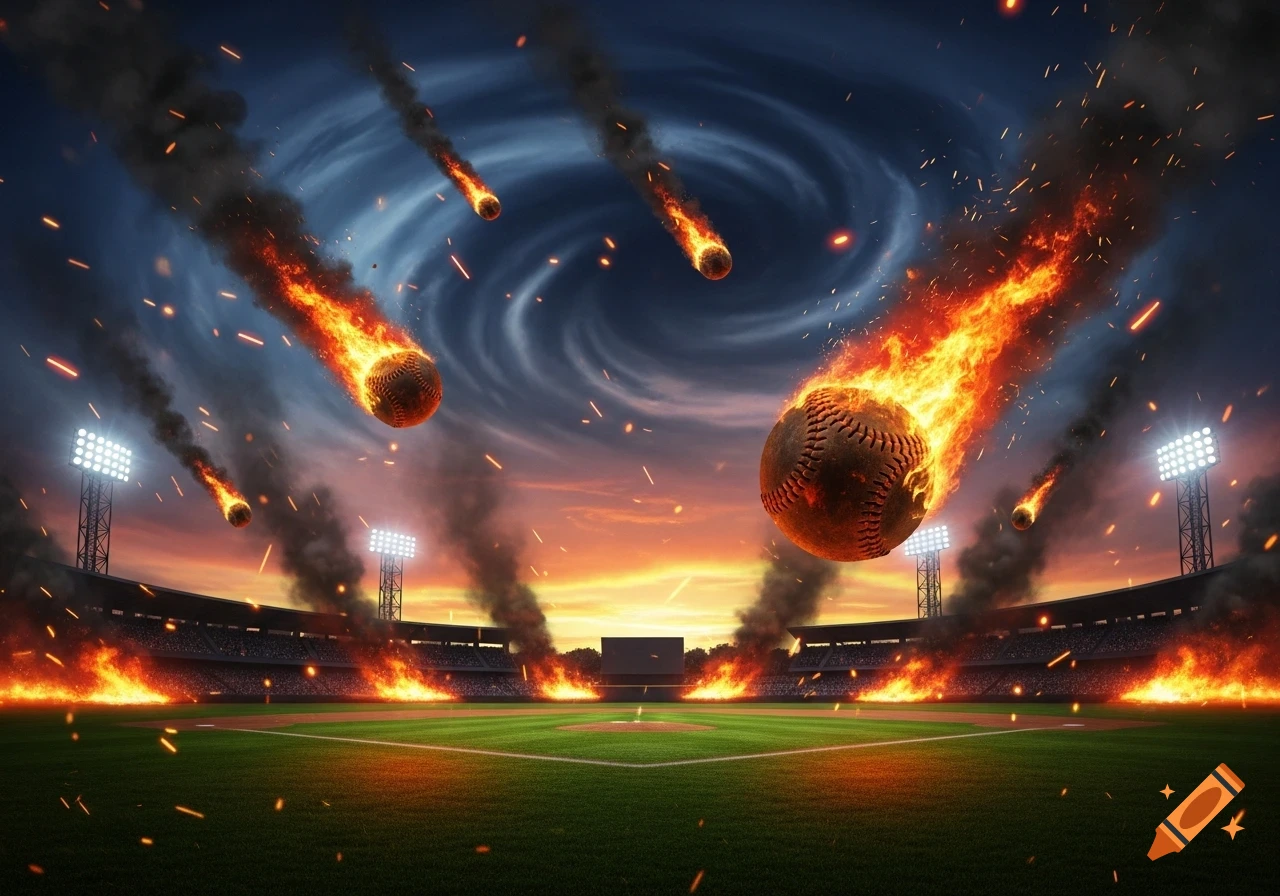 Flaming softballs fall from a swirling sky into a burning baseball stadium, creating a dramatic, fiery scene.