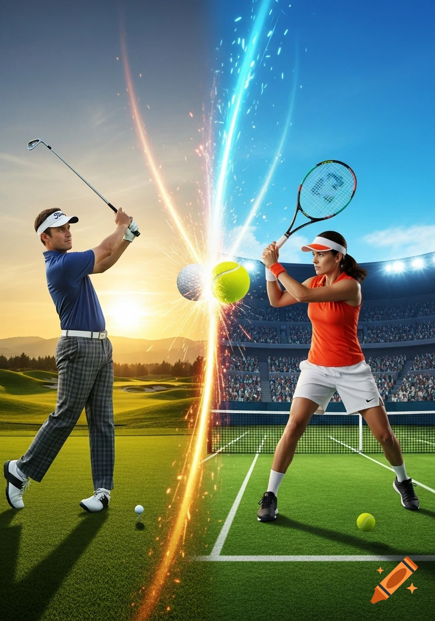 A male golfer swinging and a female tennis player ready to hit, with a glowing clash between a golf ball and tennis ball in a split outdoor scene.